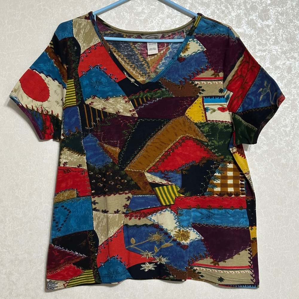 Stonebridge Beaded Patchwork V-Neck T-Shirt 100% Cotton Multicolor Boho VTG XL